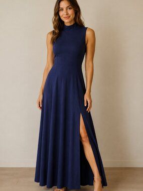 Sleeveless Navy Maxi Dress with High Neck With Side Slits